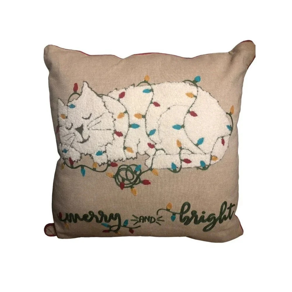 PURVA DESIGNS 18" X 18" Cat Wrapped Christmas/Xmas Lights Raised Throw Pillow